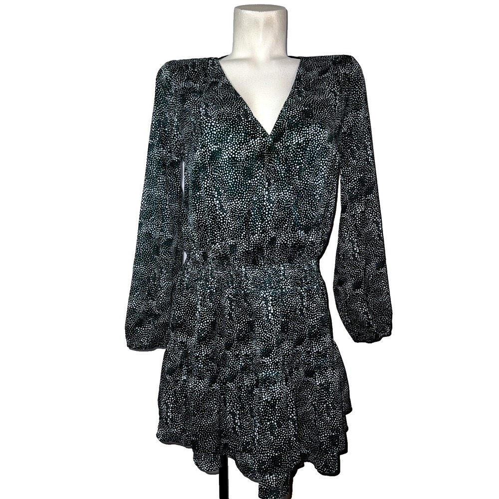 Anthropologie SADIE & SAGE Green Abstract Dot V-Neck Tiered Mini Dress LS Size M